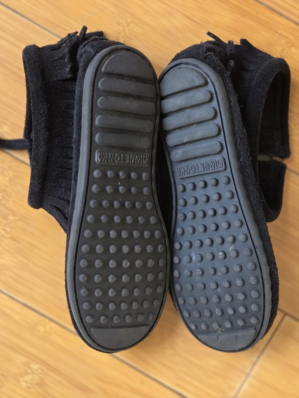 Minnetonka Moccasins Ankle Booties Black Suede Double Fringe Zip Boots Kids 2